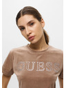 Guess Jeans Dámske hnedé tričko Velvet logo Guess jeans