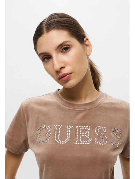 Guess Jeans Dámske hnedé tričko Velvet logo Guess jeans