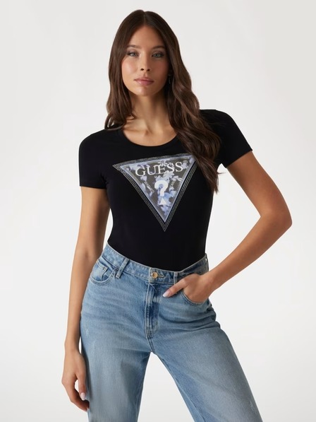Guess Jeans Dámske čierne tričko s kvetinovou potlačou Guess jeans