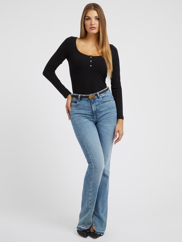Guess Jeans Dámske čierne tričko s dlhými rukávy a gombíky Guess jeans