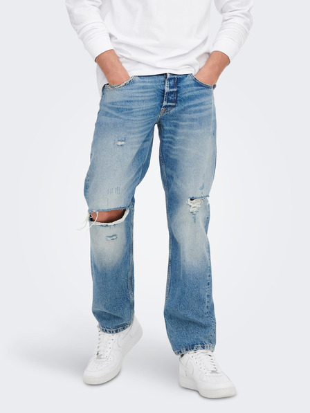 ONLY & SONS Modré loose fit džíny s potrhaným efektem ONLY & SONS Edge