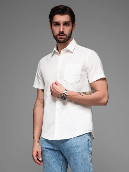 Ombre Clothing Pánská košile s krátkým rukávem a kubánským límcem bílá Ombre Clothing