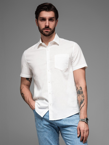 Ombre Clothing Pánská košile s krátkým rukávem a kubánským límcem bílá Ombre Clothing