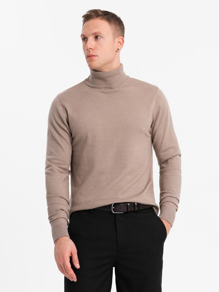 Ombre Clothing Pánský pletený rolák s viskózou - tmavě béžový V3 OM-SWTN-0127 Ombre Clothing