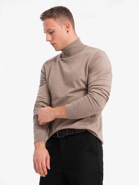 Ombre Clothing Pánský pletený rolák s viskózou - tmavě béžový V3 OM-SWTN-0127 Ombre Clothing