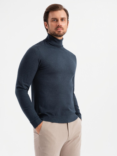 Ombre Clothing Pánský pletený rolák s viskózou - tmavě modrý V4 OM-SWTN-0127 Ombre Clothing