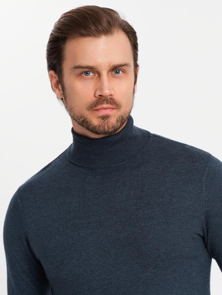 Ombre Clothing Pánský pletený rolák s viskózou - tmavě modrý V4 OM-SWTN-0127 Ombre Clothing