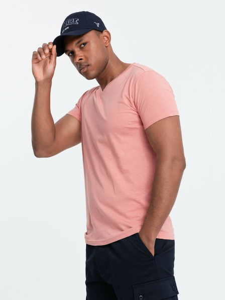 Ombre Clothing Pánské klasické bavlněné tričko BASIC s výstřihem - růžové V7 OM-TSBS-0145 Ombre Clothing