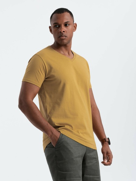 Ombre Clothing Pánské klasické bavlněné tričko BASIC s výstřihem - hořčicové V8 OM-TSBS-0145 Ombre Clothing