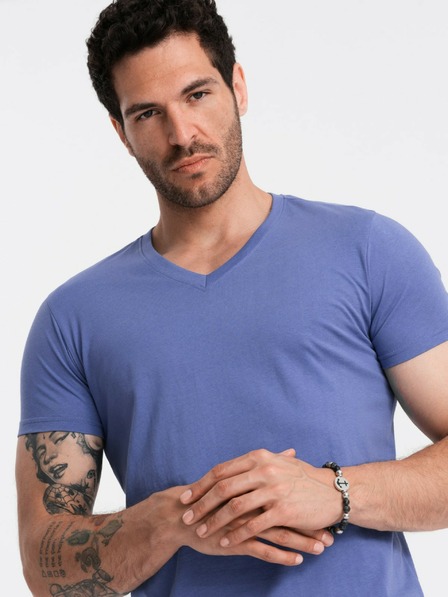 Ombre Clothing Bavlněné klasické pánské tričko BASIC s výstřihem do V - fialové V12 OM-TSBS-0145 Ombre Clothing