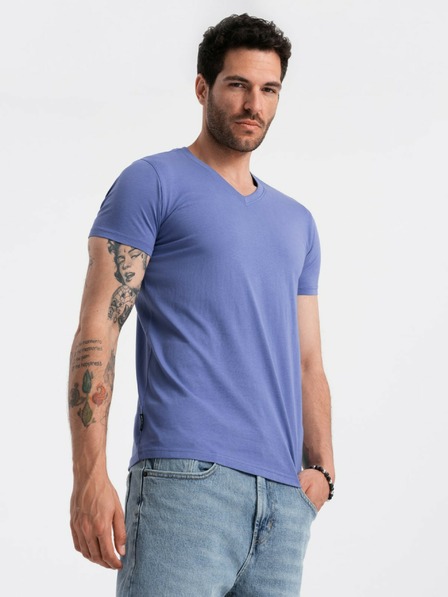 Ombre Clothing Bavlněné klasické pánské tričko BASIC s výstřihem do V - fialové V12 OM-TSBS-0145 Ombre Clothing