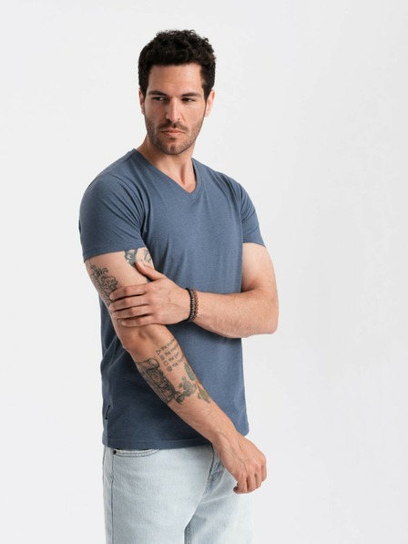 Ombre Clothing Pánské klasické bavlněné tričko BASIC s výstřihem do V - modrý melír V18 OM-TSBS-0145 Ombre Clothing