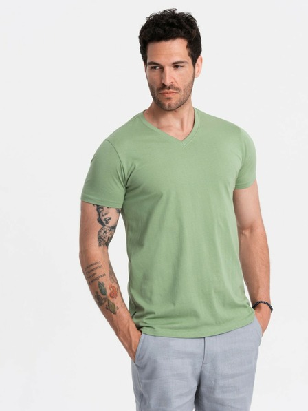 Ombre Clothing Bavlněné klasické pánské tričko BASIC s výstřihem do V - zelené V11 OM-TSBS-0145 Ombre Clothing
