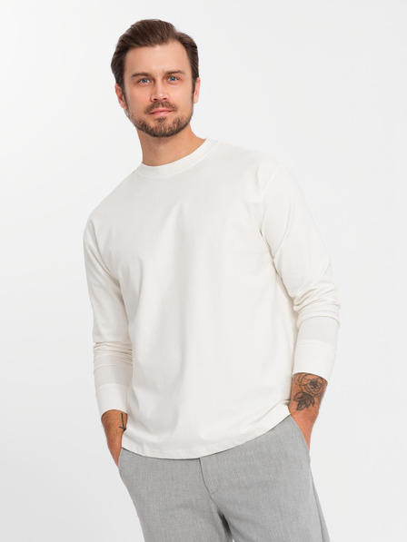Ombre Clothing Pánské bavlněné tričko LOOSE FIT s dlouhým rukávem a kulatým výstřihem - krémové V2 OM-LSBC-0129 Ombre Clothing