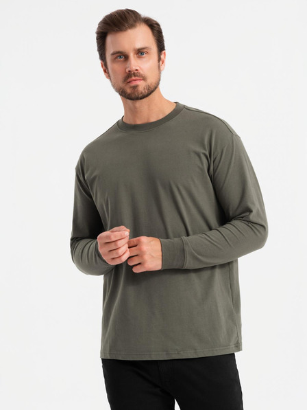 Ombre Clothing Pánské bavlněné tričko LOOSE FIT s dlouhým rukávem a kulatým výstřihem - šedozelené V3 OM-LSBC-0129 Ombre Clothing