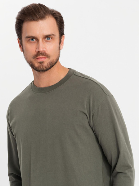 Ombre Clothing Pánské bavlněné tričko LOOSE FIT s dlouhým rukávem a kulatým výstřihem - šedozelené V3 OM-LSBC-0129 Ombre Clothing