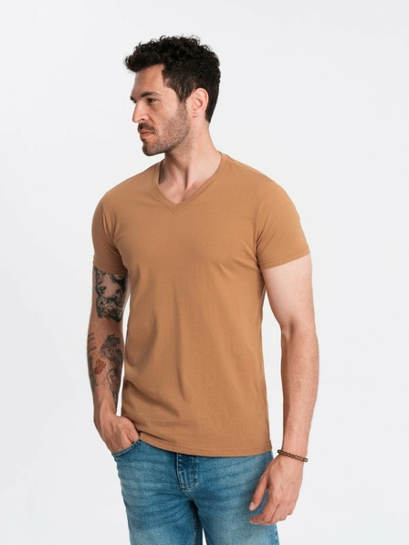 Ombre Clothing Pánské klasické bavlněné tričko BASIC s výstřihem do V - hnědé V9 OM-TSBS-0145 Ombre Clothing