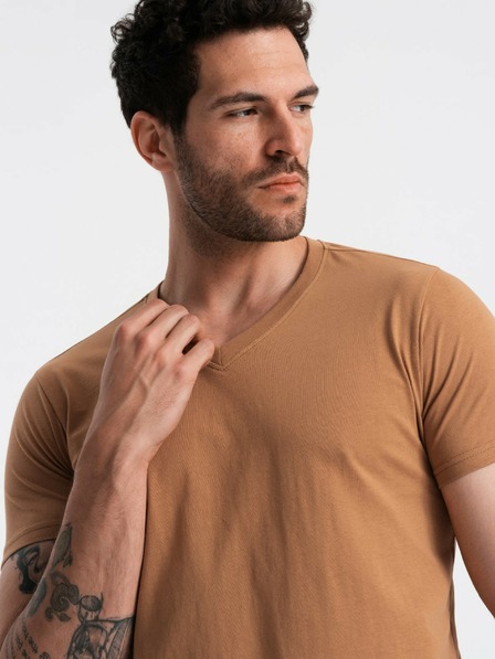 Ombre Clothing Pánské klasické bavlněné tričko BASIC s výstřihem do V - hnědé V9 OM-TSBS-0145 Ombre Clothing