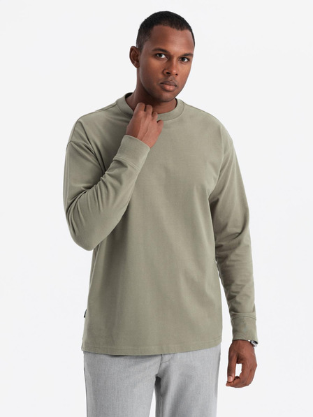Ombre Clothing Pánské bavlněné tričko LOOSE FIT s dlouhým rukávem a kulatým výstřihem - khaki V4 OM-LSBC-0129 Ombre Clothing