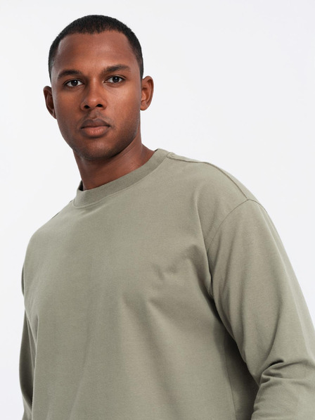 Ombre Clothing Pánské bavlněné tričko LOOSE FIT s dlouhým rukávem a kulatým výstřihem - khaki V4 OM-LSBC-0129 Ombre Clothing