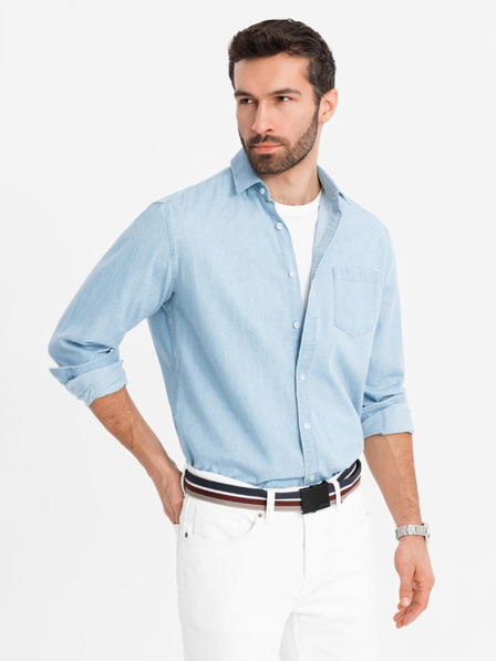 Ombre Clothing Pánská džínová košile s vyšívanou kapsou - světle modrá Ombre Clothing
