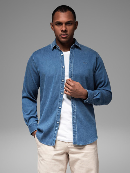 Ombre Clothing Pánská džínová košile s lyocellem a výšivkou na hrudi - modrá Ombre Clothing
