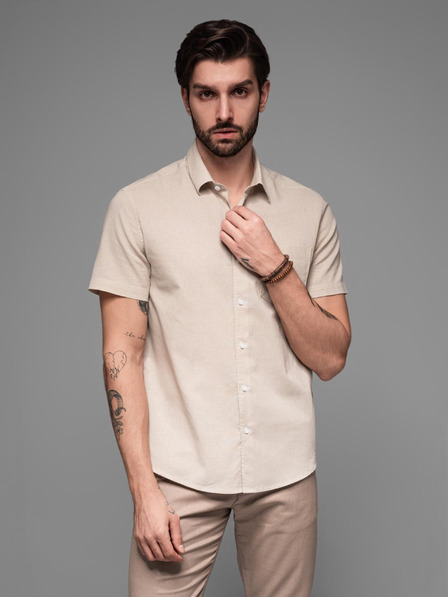 Ombre Clothing Pánská košile s krátkým rukávem a kubánským límcem béžová Ombre Clothing