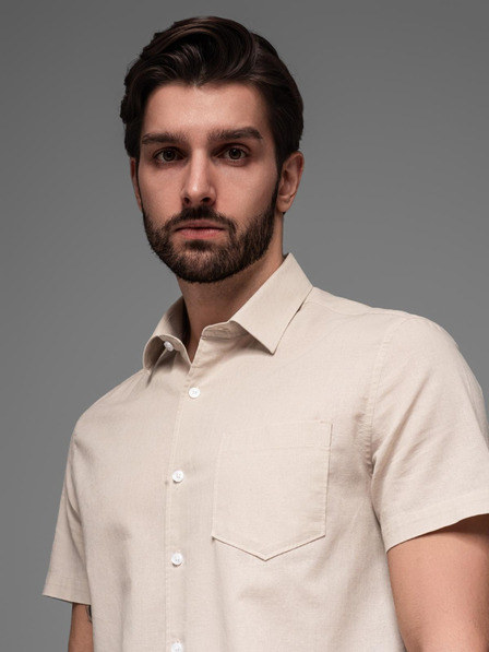 Ombre Clothing Pánská košile s krátkým rukávem a kubánským límcem béžová Ombre Clothing