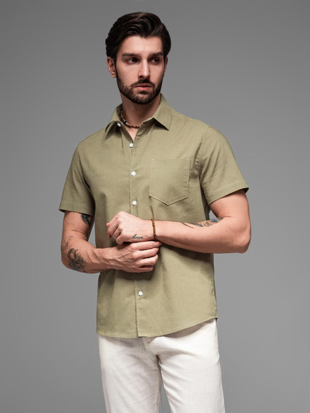Ombre Clothing Pánská košile s krátkým rukávem a kubánským límcem khaki Ombre Clothing