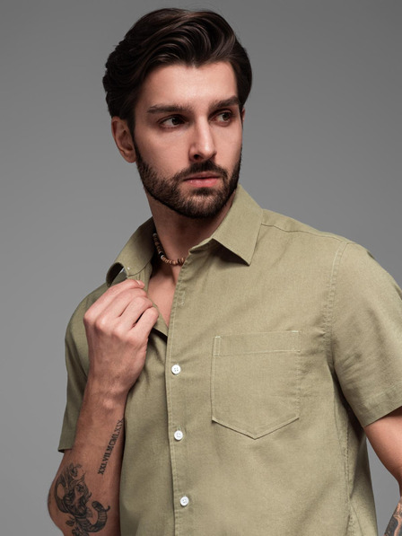 Ombre Clothing Pánská košile s krátkým rukávem a kubánským límcem khaki Ombre Clothing