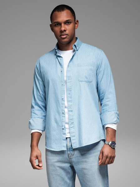 Ombre Clothing Pánská vzorovaná jemná džínová košile s kapsou - světle modrá Ombre Clothing