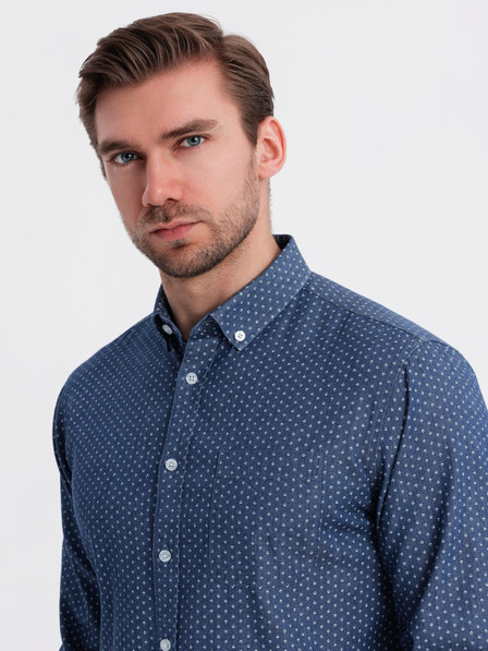 Ombre Clothing Pánská vzorovaná jemná džínová košile s kapsou - modrá Ombre Clothing
