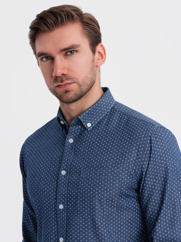 Ombre Clothing Pánská vzorovaná jemná džínová košile s kapsou - modrá Ombre Clothing