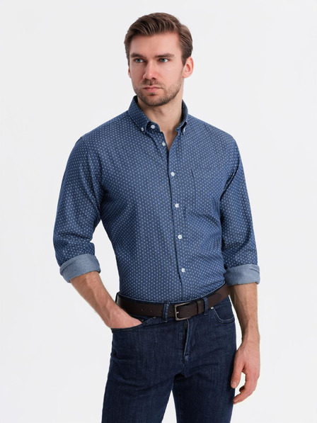 Ombre Clothing Pánská vzorovaná jemná džínová košile s kapsou - modrá Ombre Clothing