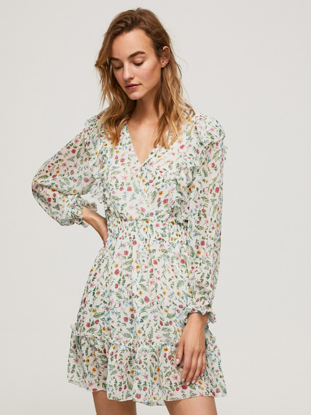 Pepe Jeans Krémové dámské květované krátké šaty s volánem Pepe Jeans Dina