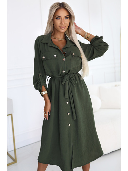 numoco 531-5 Midi košilové šaty se zlatými knoflíky a kravatou - KHAKI