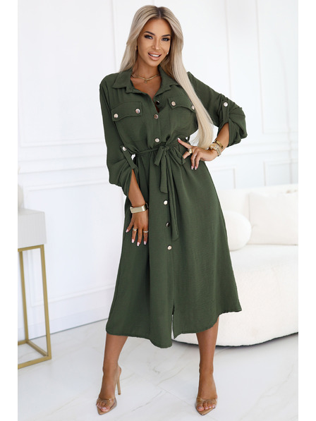 numoco 531-5 Midi košilové šaty se zlatými knoflíky a kravatou - KHAKI