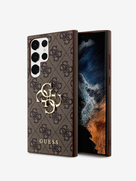 Guess PU 4G Metal Logo Zadní Kryt pro Samsung Galaxy S24 Ultra Brown Obal na telefon
