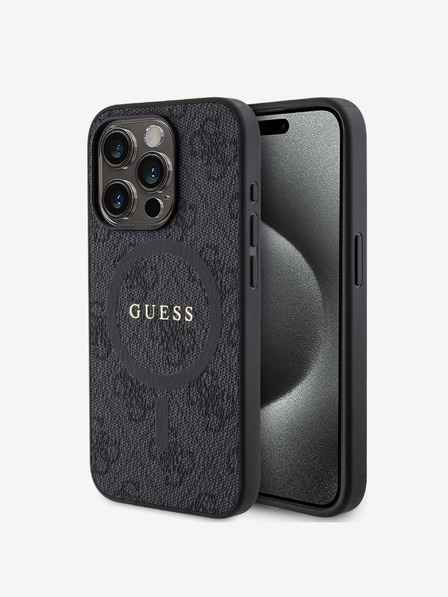 Guess PU Leather 4G Colored Ring MagSafe Zadní Kryt pro iPhone 15 Pro Black Obal na telefon