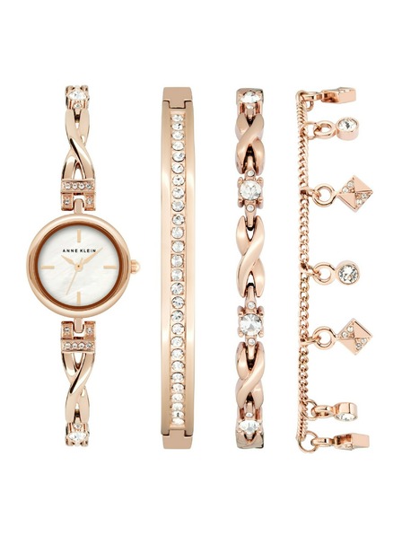 Anne Klein Růžovozlatá dámská souprava hodinek a šperků Anne Klein