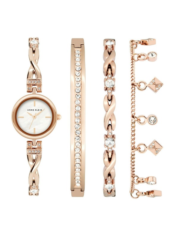 Anne Klein Růžovozlatá dámská souprava hodinek a šperků Anne Klein