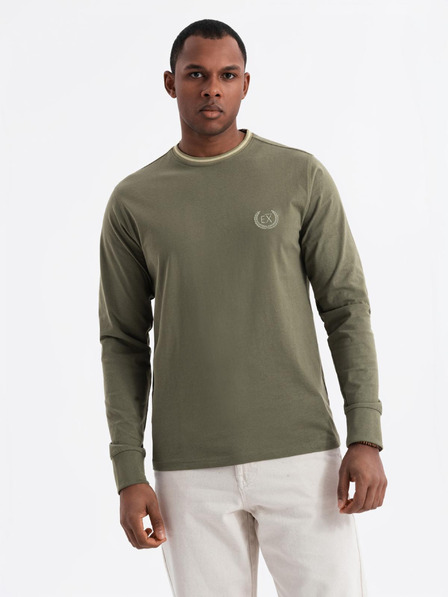 Ombre Clothing Pánské bavlněné tričko s dlouhým rukávem, pruhovaným výstřihem do U a výšivkou Ombre Clothing
