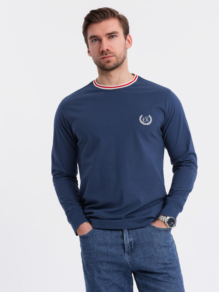 Ombre Clothing Pánské bavlněné tričko s dlouhým rukávem, pruhovaným výstřihem do U a výšivkou Ombre Clothing