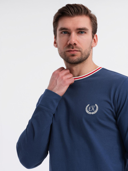 Ombre Clothing Pánské bavlněné tričko s dlouhým rukávem, pruhovaným výstřihem do U a výšivkou Ombre Clothing