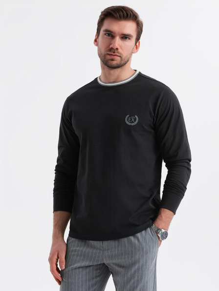Ombre Clothing Pánské bavlněné tričko s dlouhým rukávem, pruhovaným výstřihem do U a výšivkou Ombre Clothing