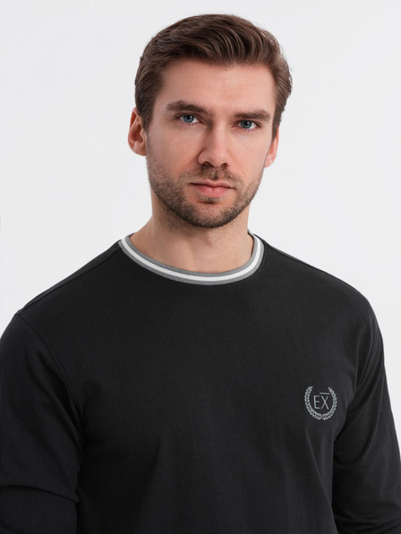 Ombre Clothing Pánské bavlněné tričko s dlouhým rukávem, pruhovaným výstřihem do U a výšivkou Ombre Clothing