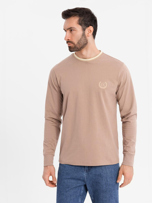 Ombre Clothing Pánské bavlněné tričko s dlouhým rukávem, pruhovaným výstřihem do U a výšivkou Ombre Clothing